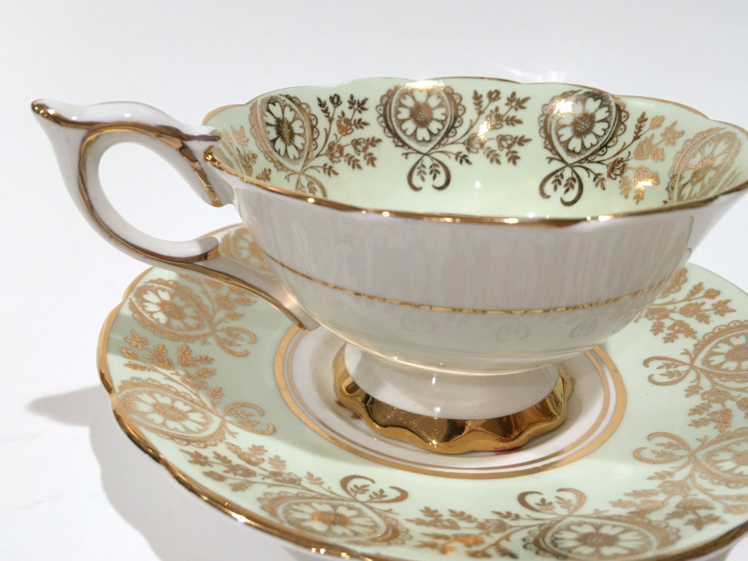Royal Stafford Tea Cup and Saucer, Tea Set, Antique Teacups, Green Gold