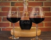 Personalized Wine Decanter and Stemware with His, Hers, and Ours Design with Font Selection (Set including Decanter, Stopper, and Stemware)