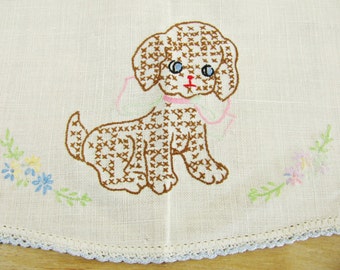 Vintage Bathroom Tank Cover Dresser Scarf Embroidered Child's Dresser Runner Nursery Runner Toilet Tank Cover Embroidered Dog