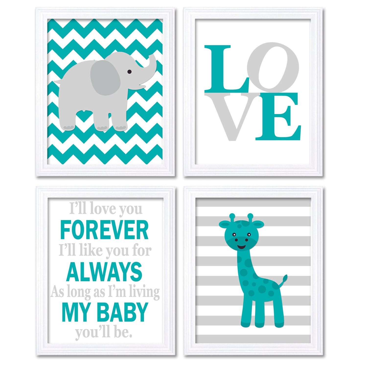 Elephant Nursery Art Giraffe Wall Decor Ill Love You Forever Set of 4 Prints Baby Green Turquoise Gr