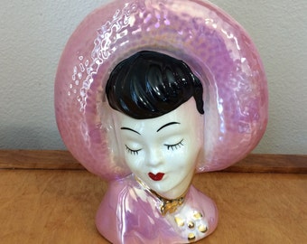 Women Head Vase - Dressed in Luster Pink - 1960's Face Vase