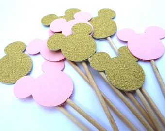 24 Minnie Mouse Cupcake Toppers, Pink & Gold Glitter, Girl Birthday, Baby Shower, Food Picks, Theme Party Picks, Ships in 3-5 Business Days