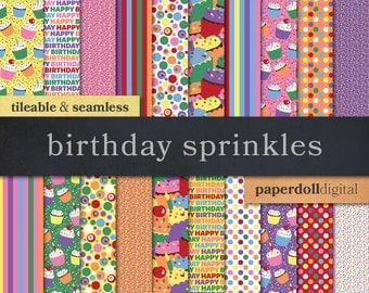 Birthday Digital Paper - Seamless Cupcake Digital Paper - Cupcake Sprinkles Bright Digital Paper - Red Blue Pink Blue Purple Green - 20 Shee