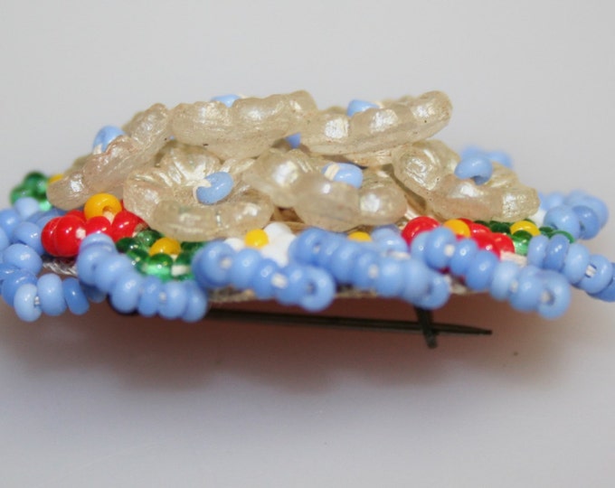 Antique Hand Made Brooch Flower Pin Glass Seed Beads Czechoslovakia 1920