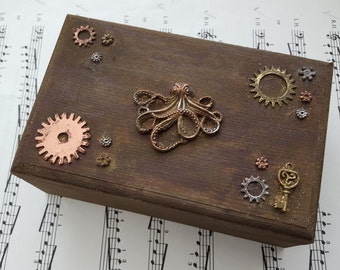 Steampunk jewellery box - trinket box, octopus cogs gears - brown wooden box