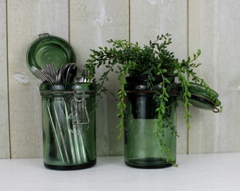 Green Canning Jar, Green Glass Containers, Green Canisters, Antique Canning Jar, Green Glass Jar with Lid, Vintage Glass Canisters D224