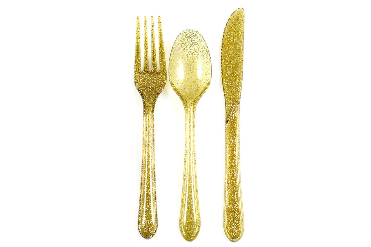 GOLD GLITTER CUTLERY Set of 24 Gold Glitter Plastic