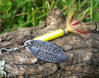Hand Stamped "HOOKED ON DADDY" Fishing Lure Father's Day Gift - Fish Dad Grandpa Personalized Handstamped Gift Keepsake
