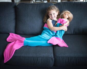 Super Soft Fleece Mermaid Tail Blanket Set for 18" Doll and Child! Set of Two Mermaid Tails in Turquoise with Pink Fins!