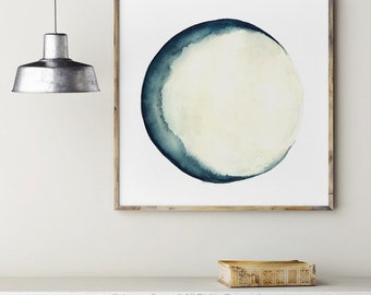 Moon Phases Watercolor Painting Blue Wall Decor, Abstract Full Moon Art Print, New Crescent Luna Solar System Astrology Picture Home Decor