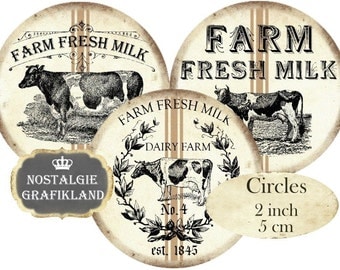 Farm Fresh Milk Cow Vache Circles 2 inch digital collage sheet download C132