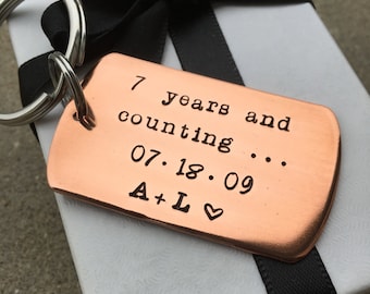 Couples Initials 7th Anniversary Keychain, Copper Anniversary Gift, 7 Years And Counting Anniversary, Personalized Copper Key Chain