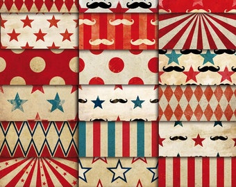 Circus Vintage Patterns Digital Paper Pack 01 | Wallpapers | backgrounds | scrapbook supplies | clipart | instant download