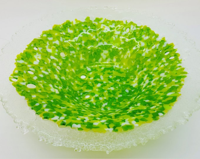 Round lime green fused glass dish. Handmade contemporary bowl. Home decor. Wedding anniversary housewarming leaving, special birthday gifts.