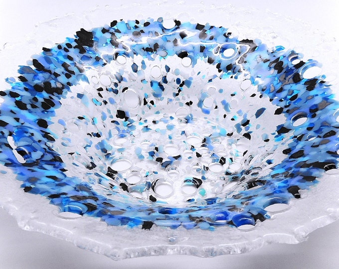 NOW REDUCED - Round blue fused glass dish. glassware fruit bowl. House and home. Wedding, anniversary, housewarming, birthday gift idea.