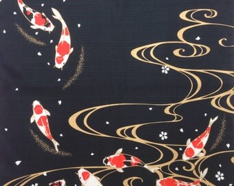 Furoshiki, colored carp, wrapping cloth, koi Japanese fabric, cotton fabric, black, gold, beautiful tapestry, free shipping