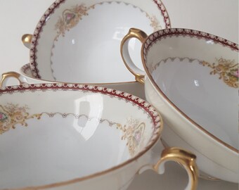 Vintage Mismatched Dishes, Meito China, 4pc Set of BouillonCups,Dover Pattern, White Cup Trimmed in Red and Gold, Shabby Chic, Wedding,