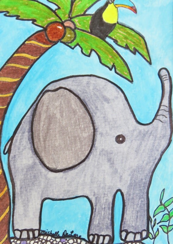 Elephant Painting Jungle Animal Art Child's by MitchiesGalleria