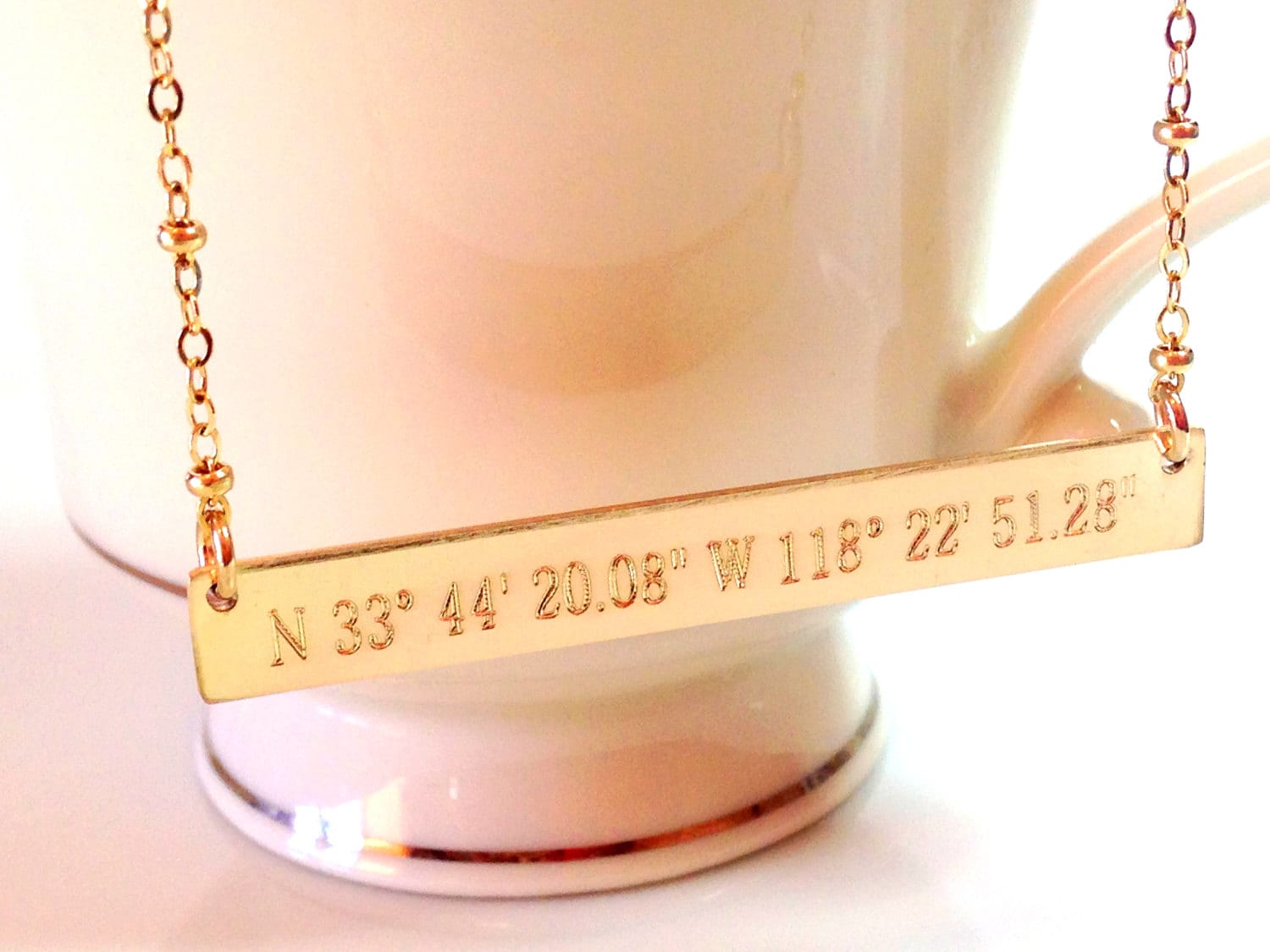 Custom Coordinate Necklace, Longitude Necklace, Location GPS Necklace, Satellite Chain, Compass, Personalized Sterling Silver, Gold Bar