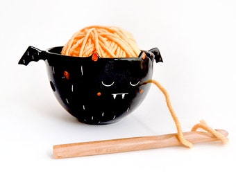 Halloween Special. Ceramic Black Vampire Yarn Bowl/ Knitting Bowl/ Crochet Bowl, Decorated in White and Pink. Made To Order