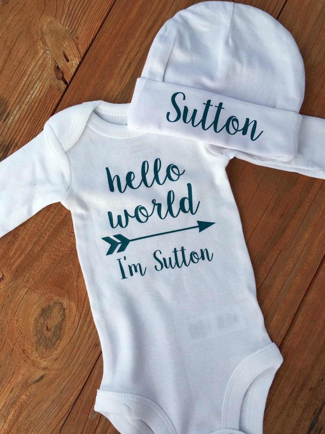 Hello World Personalized Baby Onesie and Hat by RayneDropsBoutique