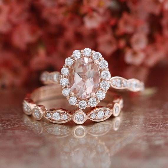 Morganite Engagement Ring and Bezel Scalloped Diamond Wedding