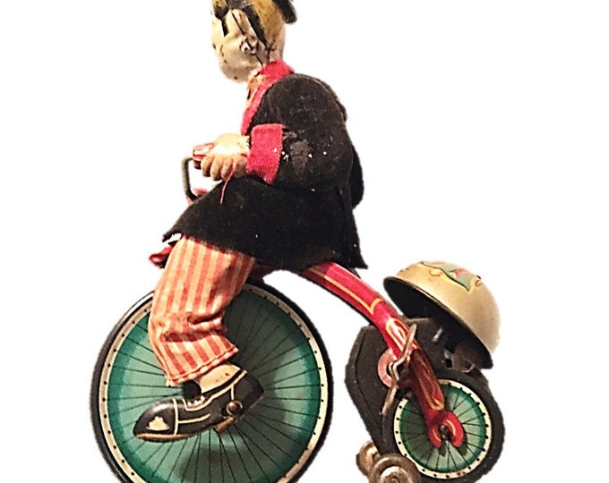 Antique Litho Tin Toy - 1950's Gay Cyclist High Wheel Bicycle Tin Wind Up Toy - Tokyo Plaything Shokai - TPS Japan - Working