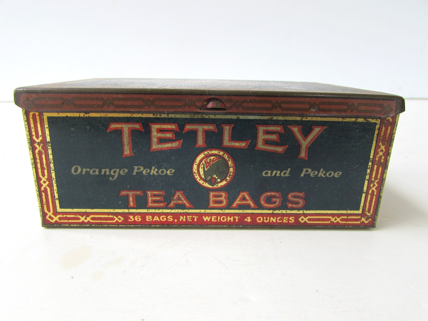 Antique Tin Canister Tetley Tea Litho Box Orange Pekoe Tea