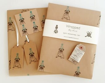 Party Pug Gift Wrap Set: 2 Sheets of Kraft Wrapping Paper, 2 Gift Tags, 4 Stickers & 5m Natural Hemp Twine.