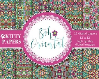 Boho digital paper : "Boho Oriental" tribal digital paper, floral digital paper, hippie patterns, bohemian patterns, floral patterns