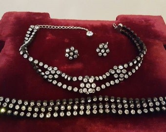 Gorgeous, 50's, black celluloid, choker necklace, 3 strand bracelet, and screw back earring set with rhinestones!