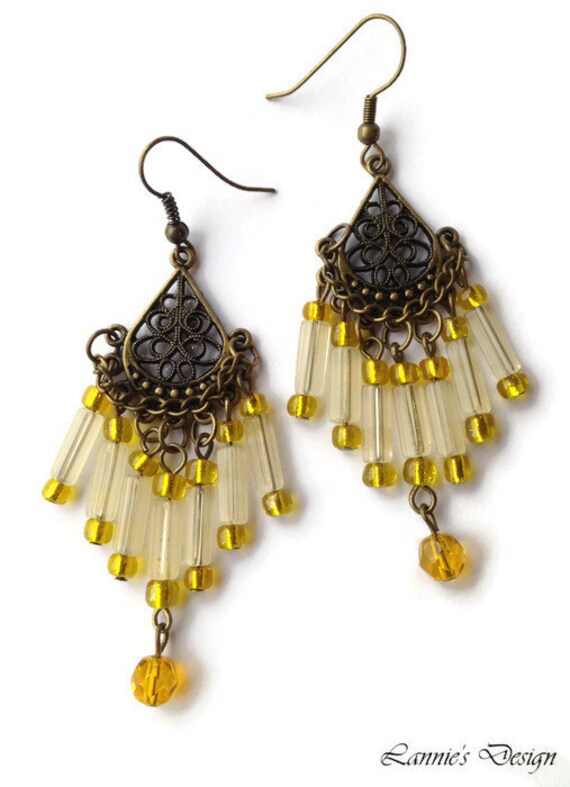 Yellow Antiqued Brass Chandelier Earrings Posts Hooks or