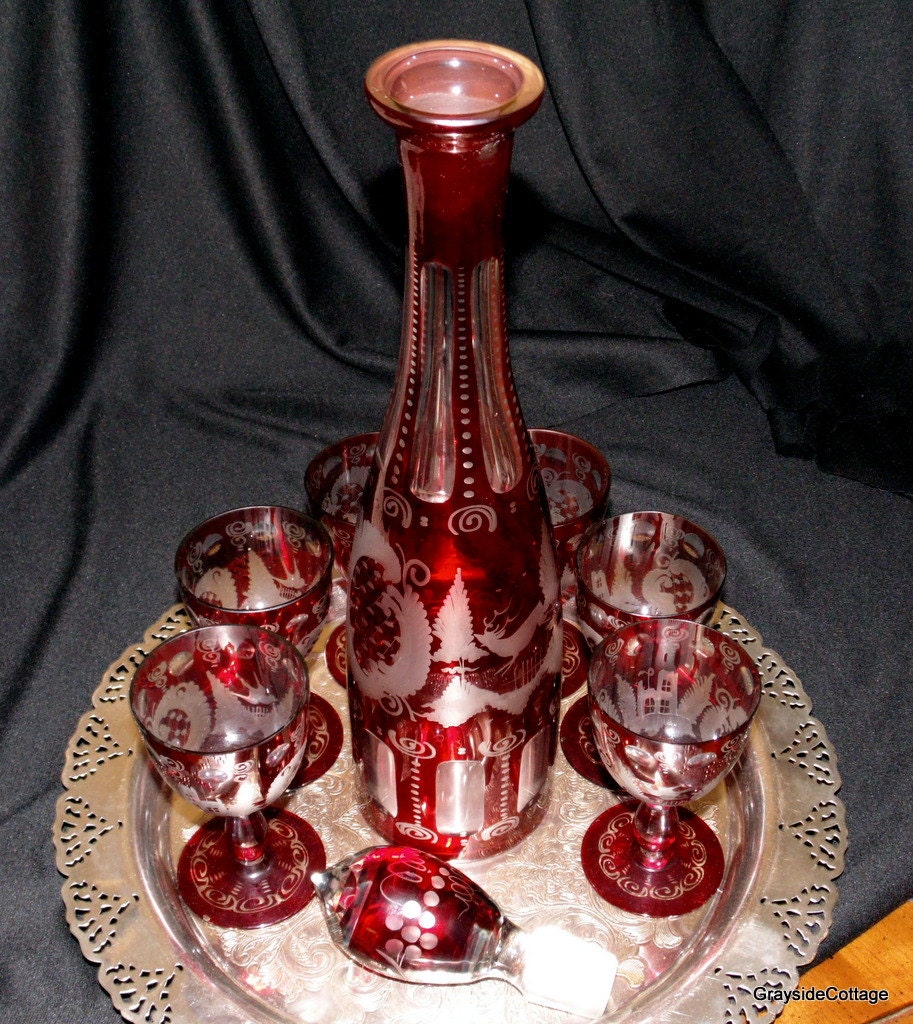 Vintage Wine Decanter Set Egermann Crystal Red Cut to Clear
