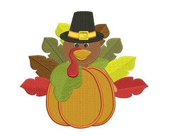 Turkey in pumpkin wearing a hat Thanksgiving Filled Machine Embroidery Digitized Design Pattern - Instant Download -4x4 ,5x7,6x10 -hoops
