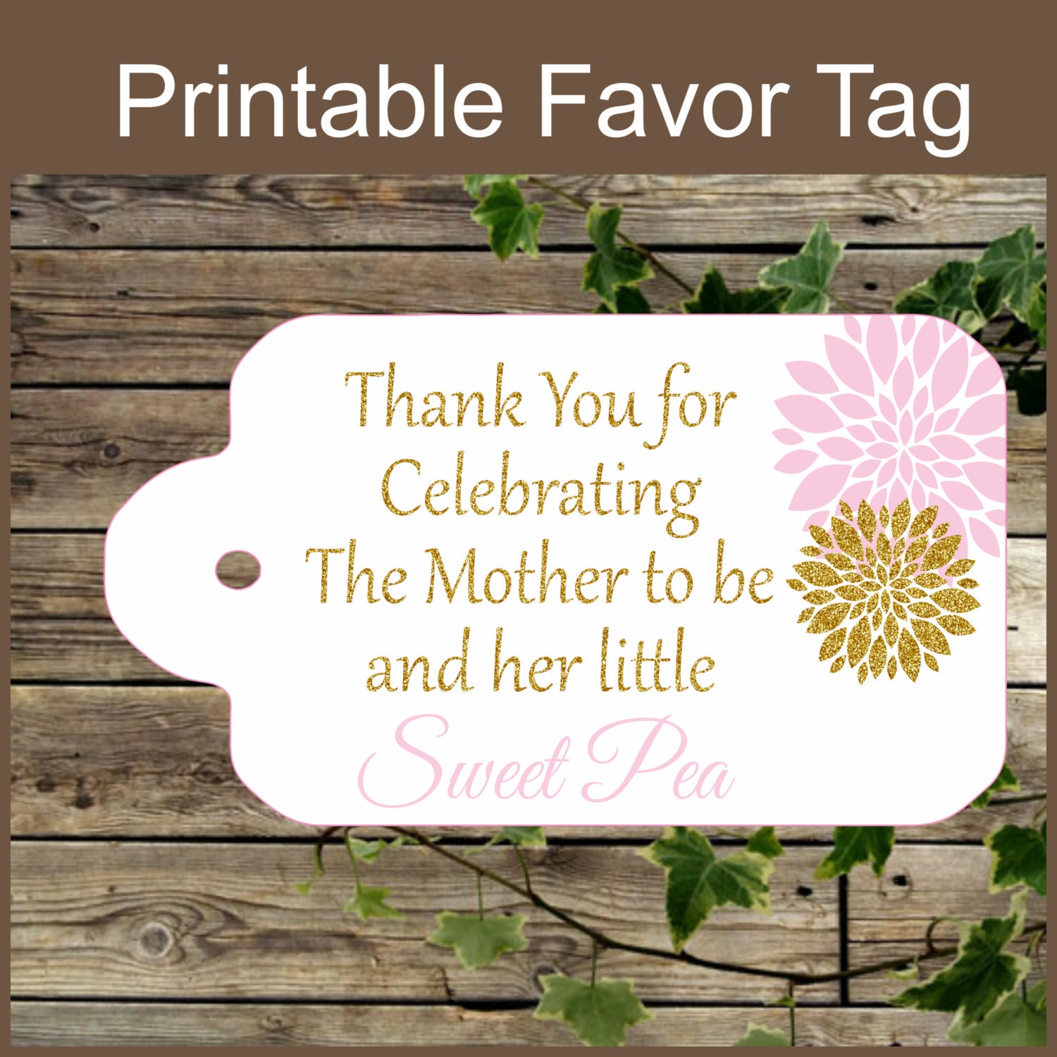 Pink and Gold Baby Shower Printable Favor Tag Sweet Pea Baby