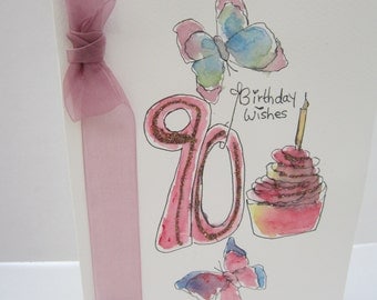 90th Birthday card, watercolour card, 90th birthday, handmade card, hand painted card, wife card, mum card, grandmother card, personalise
