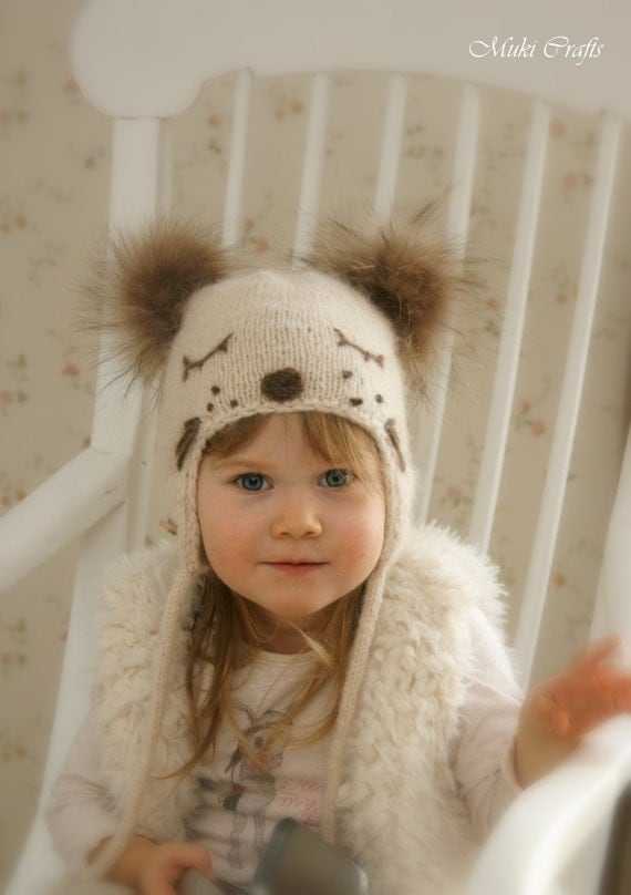 KNITTING PATTERN for kids ear flap hat Snow Dog with pom-poms (baby, toddler,...