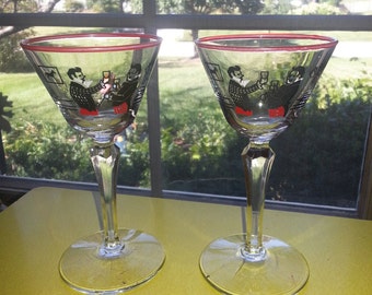 Vintage 1950s Libbey Red Rimmed Set of TWO "Pickwick" Cordial Glasses