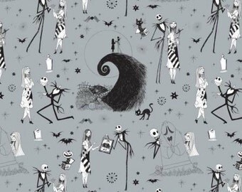 Nightmare Before Christmas, Jack and Sally on Stone Gray cotton fabric by Camelot Fabrics