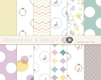 EASTER Scrapbooking digital paper - 12 papers for Easter with chevron/wreath/bunnies/flowers/dots - design, download - printable - 303
