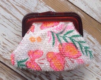 Vintage beaded butterfly coin purse, beaded coin purse, vintage coin purse, flowers and butterflies, pink orange and green coin purse