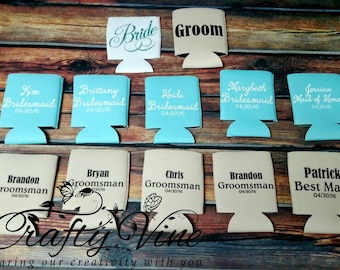 Bridal party wedding can coolers in your choice of colors and also other designs