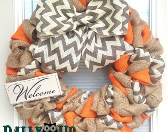 Burlap Wreath. Fall Wreath, Autumn Wreath, Orange Natural and Gray Chevron Burlap Wreath, Welcome Wreath, Everyday Wreath, Year Round Wreath