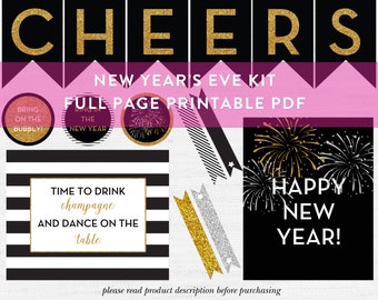 New Year's Eve Printable Party Kit, Cheers Glitter Banner, New Year's Eve Home Decor, Holiday Bar Cart Decor, NYE Printable, Gold, Silver