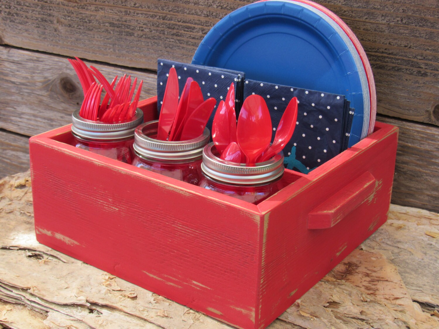 Paper Plate Holder Napkin Silverware Caddy Box Utensil and