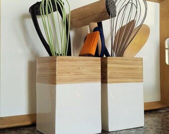Two utensil holders for a special price/ Pair of bamboo utensil crocks/ Natural bamboo kitchen storage/ Square bamboo utensils