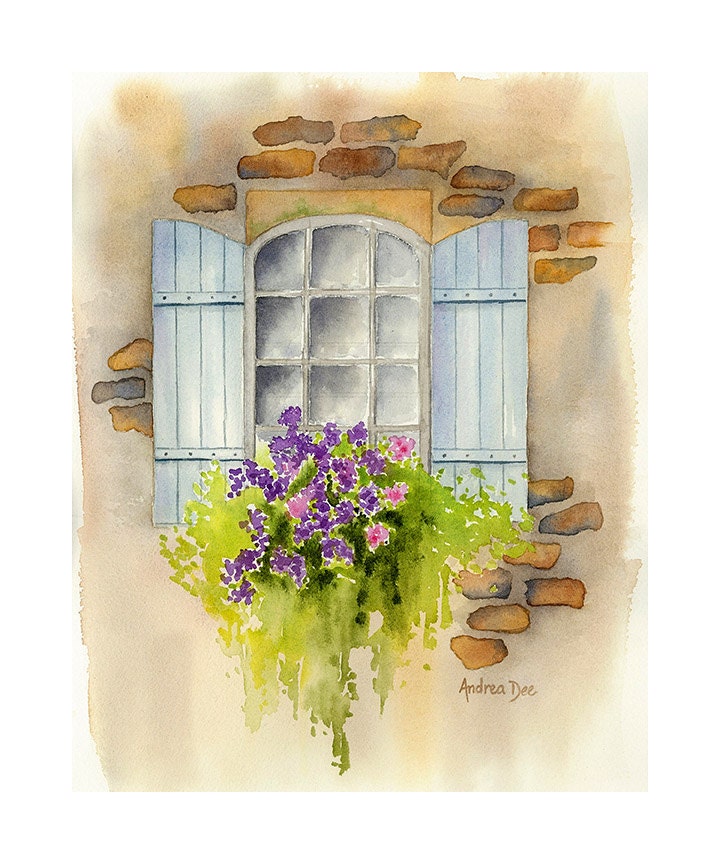 Watercolor Painting Window Flower Box 8x10 Print Wall Art