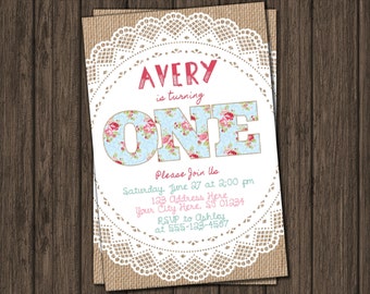 Floral Chic First Birthday Invitation - Floral Chic Burlap 1st Birthday Invitations
