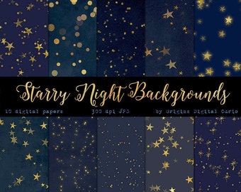 Starry Starry Night Digital Paper Backgrounds, Celestial Digital Paper, Gold Stars Midnight Scrapbook Paper, Star Patterns, Night Sky paper