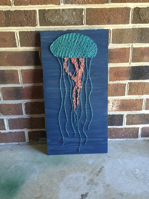 Coral and Teal String Art Jelly Fish Beach Wall Art Handmade